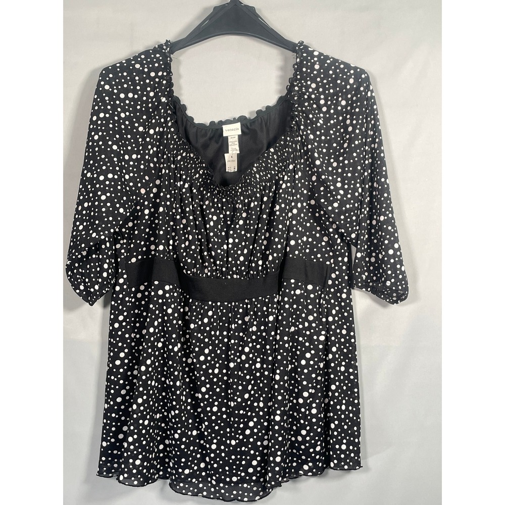 Venezia Lane Bryant Polka Dot Square Neck Smocked Blouse Black White Plus 22/24